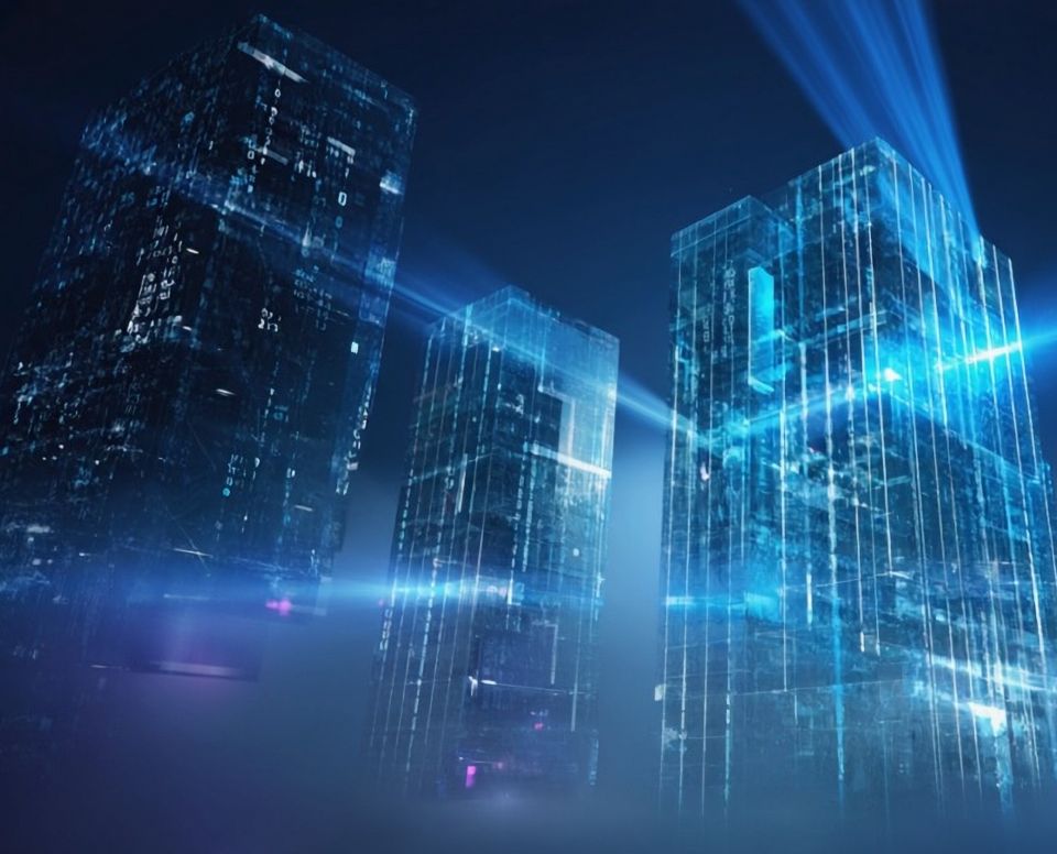 Representação conceitual e tecnológica da convergência entre Cloud Computing e Inteligência Artificial. A imagem mostra três estruturas verticais translúcidas, semelhantes a prédios ou blocos de servidores, flutuando em um ambiente digital azul-escuro. Feixes de luz azul intensa e brilhante conectam e atravessam as estruturas centrais, simbolizando o processamento de dados em tempo real, a velocidade e a escala digital. O estilo é moderno, sofisticado e premium, transmitindo a ideia de uma operação corporativa inteligente, conectada e data-driven.