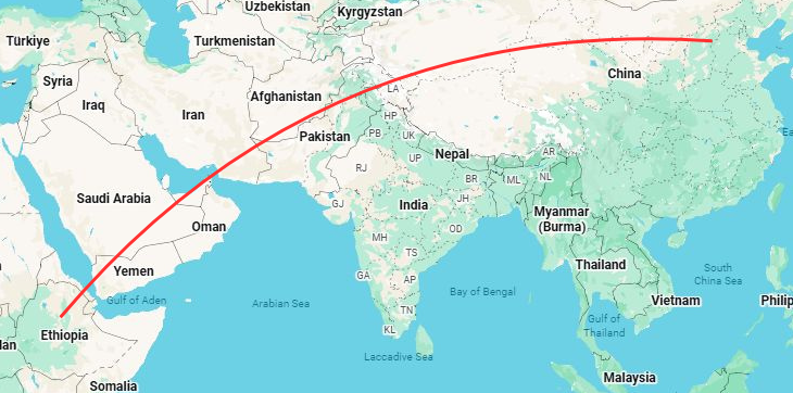 Mapa mundi mostrando a rota da Etiópia até a china