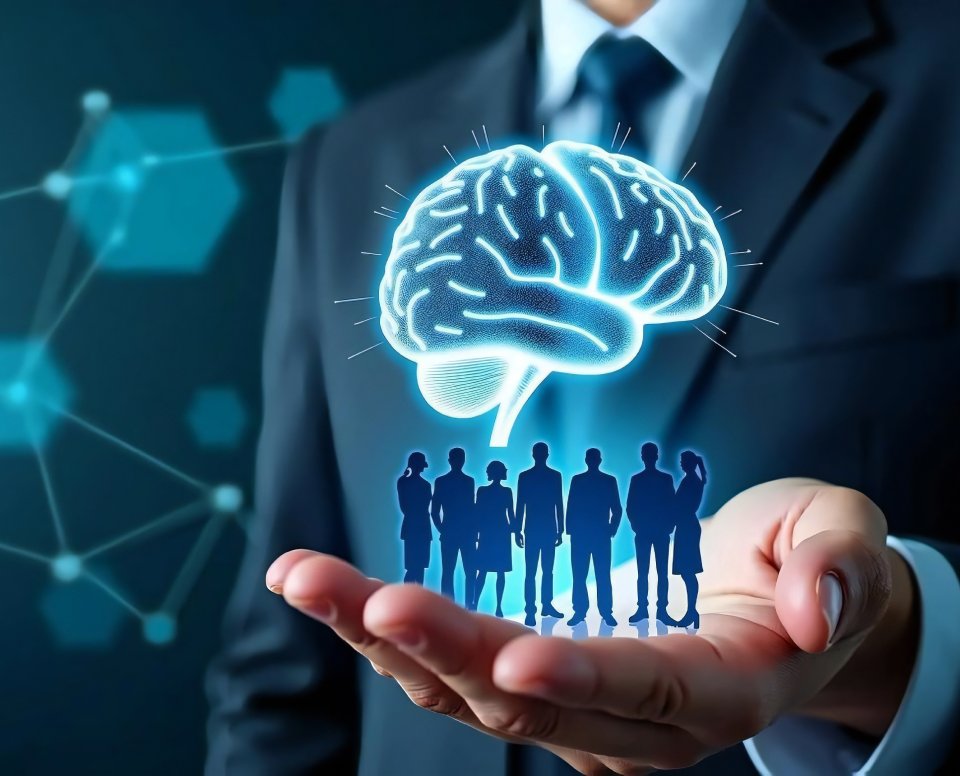 Ilustração digital mostrando o cérebro humano conectado a redes tecnológicas, com silhuetas de profissionais e os textos 'Intenção, Repertório, Visão' e 'O diferencial humano no trabalho com IA'.